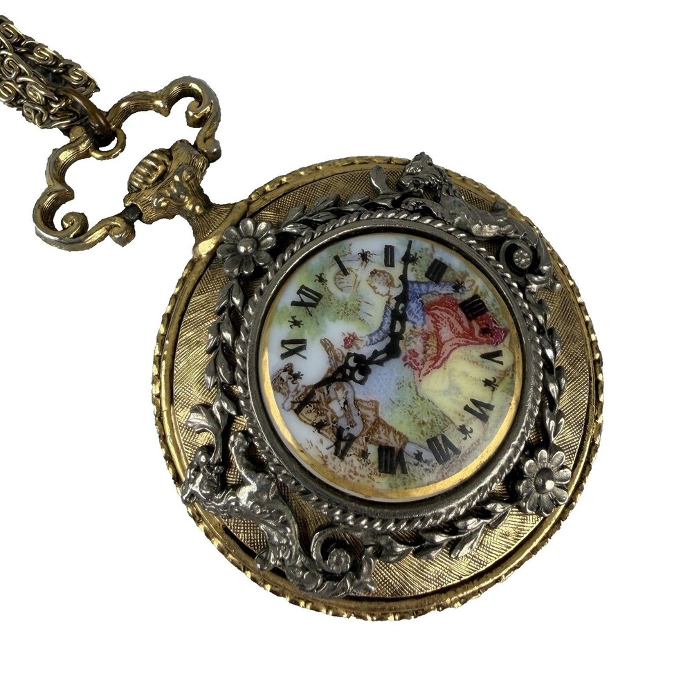 VTG Victorian Revival Faux Pocket Watch with Painted Porcelain Courting Couple